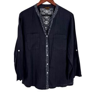 PIAZZA ROMA Sz Medium Made in ITALY Blue 100% LINEN Blouse Shirt Top Nautical